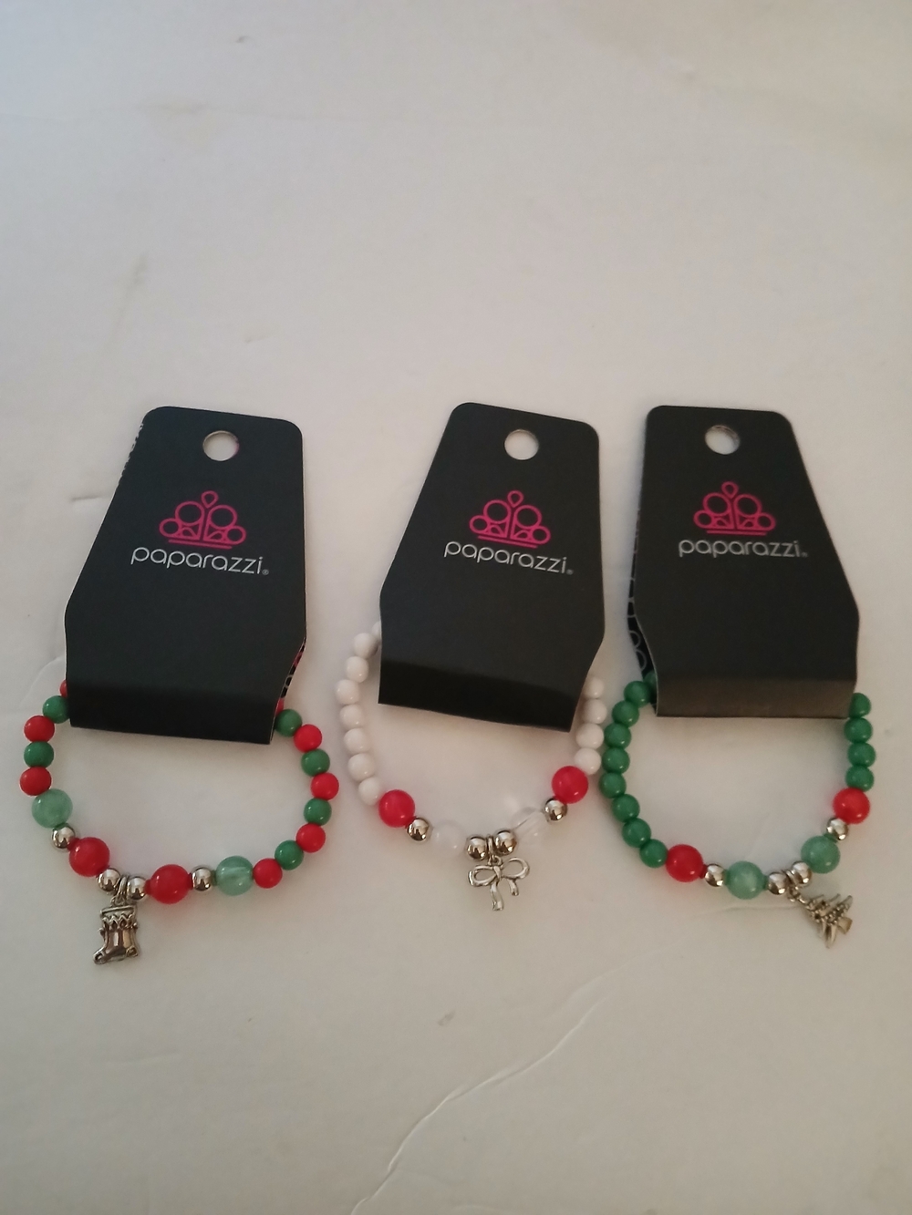 Paparazzi Red, Green & White Beaded Charm Bracelets - Set of 3